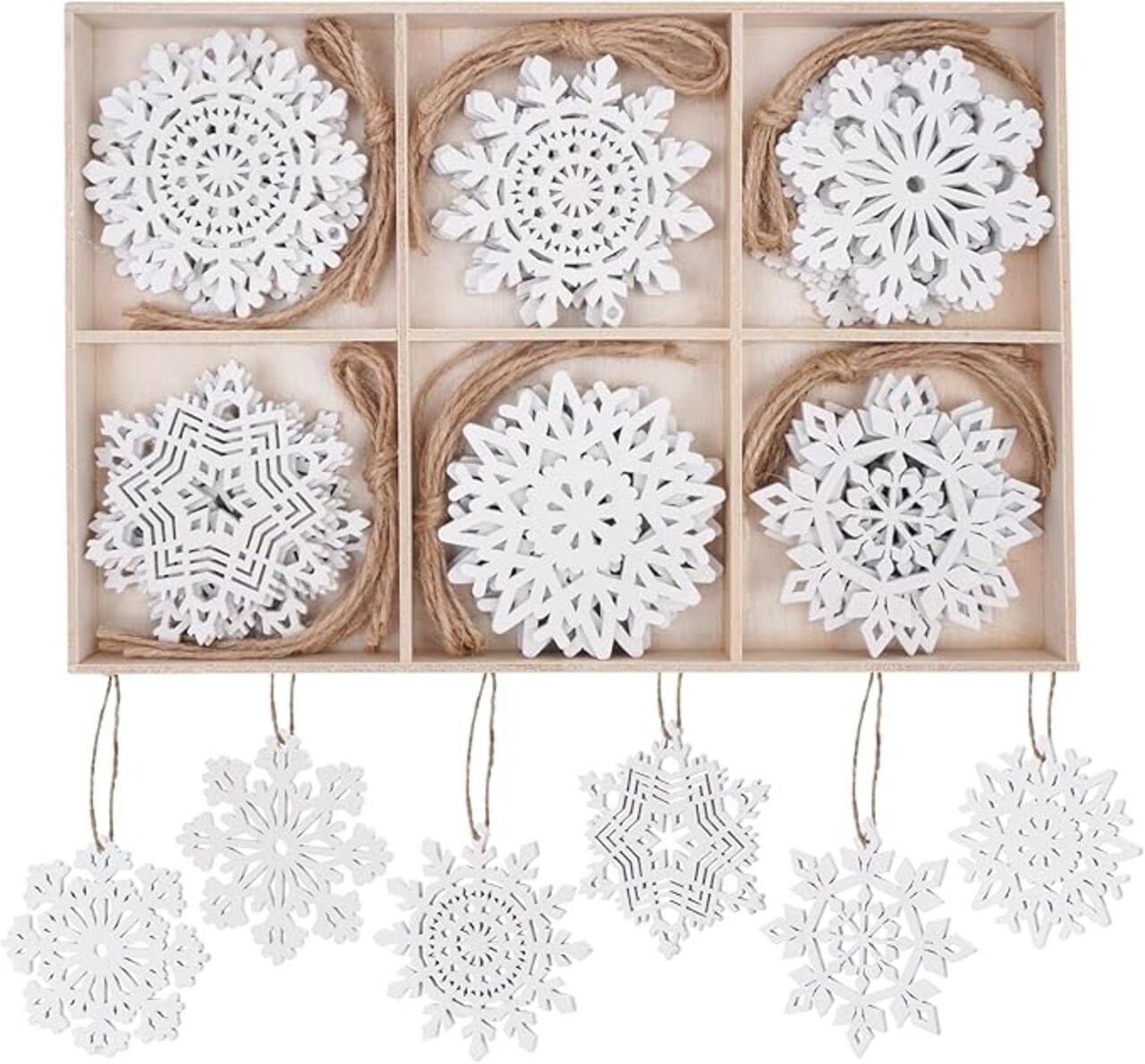 Hanging Wood Christmas Tree Snowflake Ornaments Crafts Hollowed Embellishments for Christmas Holiday Decor, 3inch, White